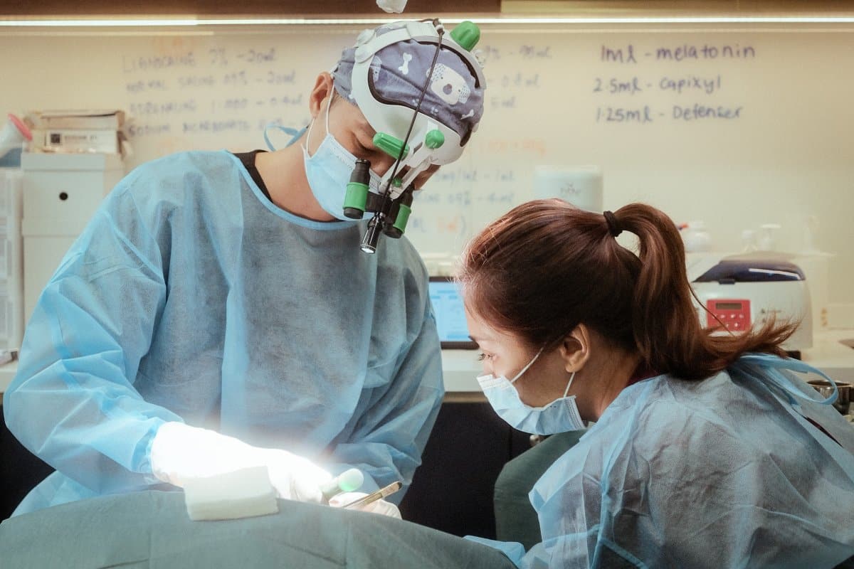 A doctor and a hair technician performing a hair transplant surgery in Singapore